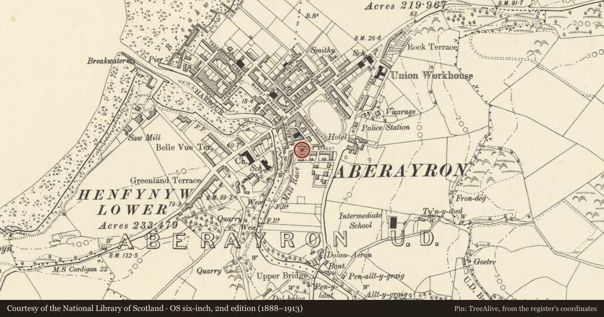 Ordnance Survey six-inch map, 2nd edition (1888–1913) covering the location of 20 Albert Street, Aberaeron, Ceredigion, with a pin at the register's coordinates