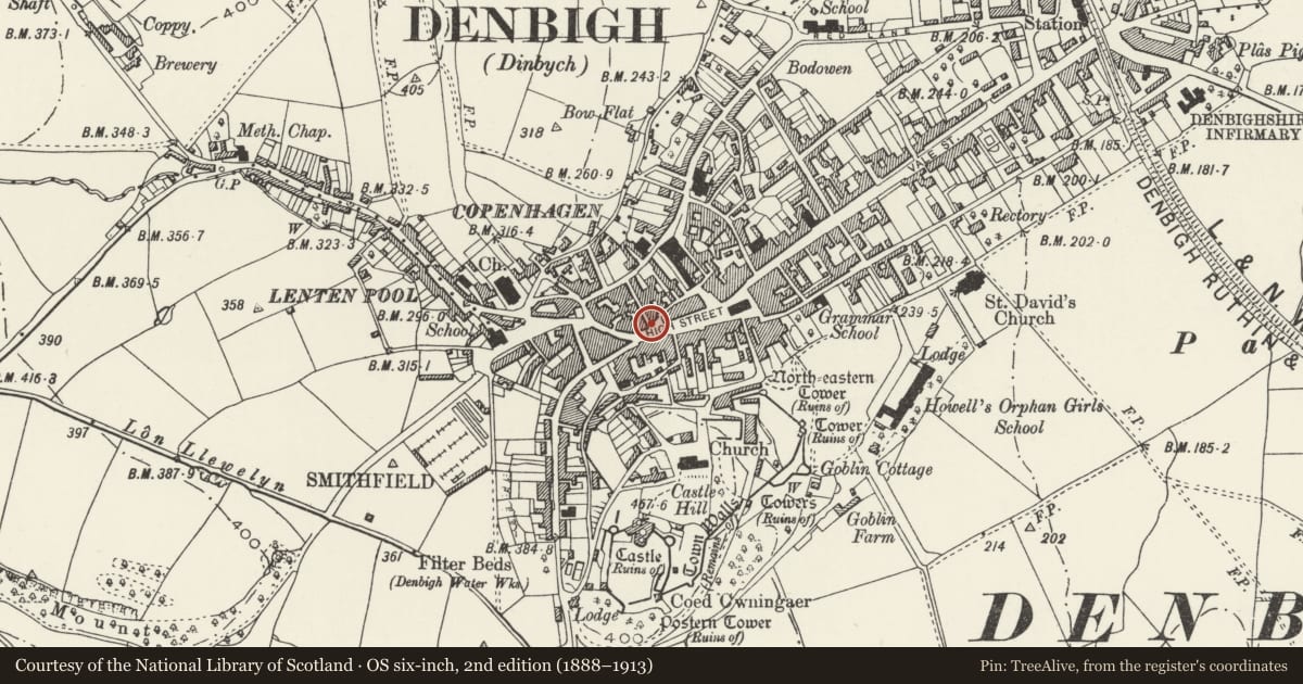Ordnance Survey six-inch map, 2nd edition (1888–1913) covering the location of Denbigh Lunchbox, Denbighshire, with a pin at the register's coordinates