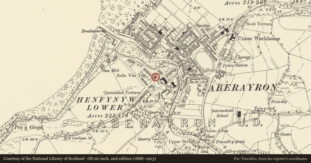 Ordnance Survey six-inch map, 2nd edition (1888–1913) covering the location of 1 Belle Vue Terrace, Aberaeron, Ceredigion, with a pin at the register's coordinates
