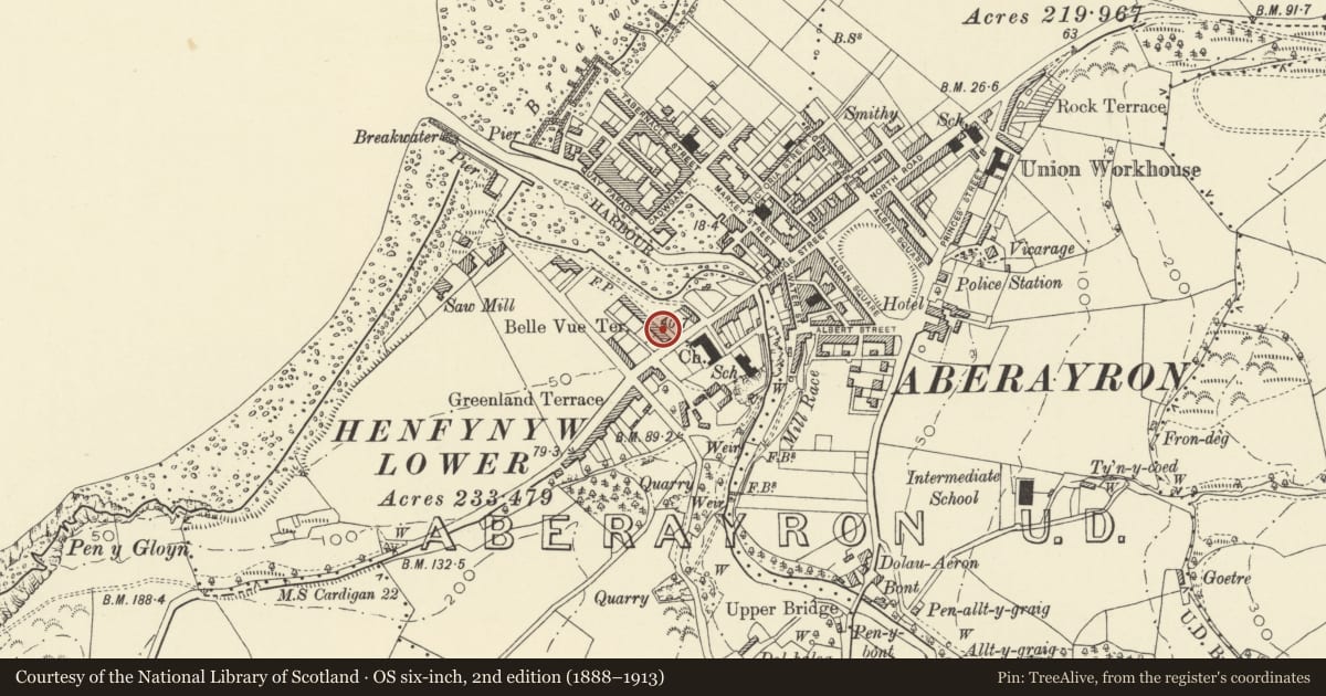 Ordnance Survey six-inch map, 2nd edition (1888–1913) covering the location of 2 Belle Vue Terrace, Aberaeron, Ceredigion, with a pin at the register's coordinates