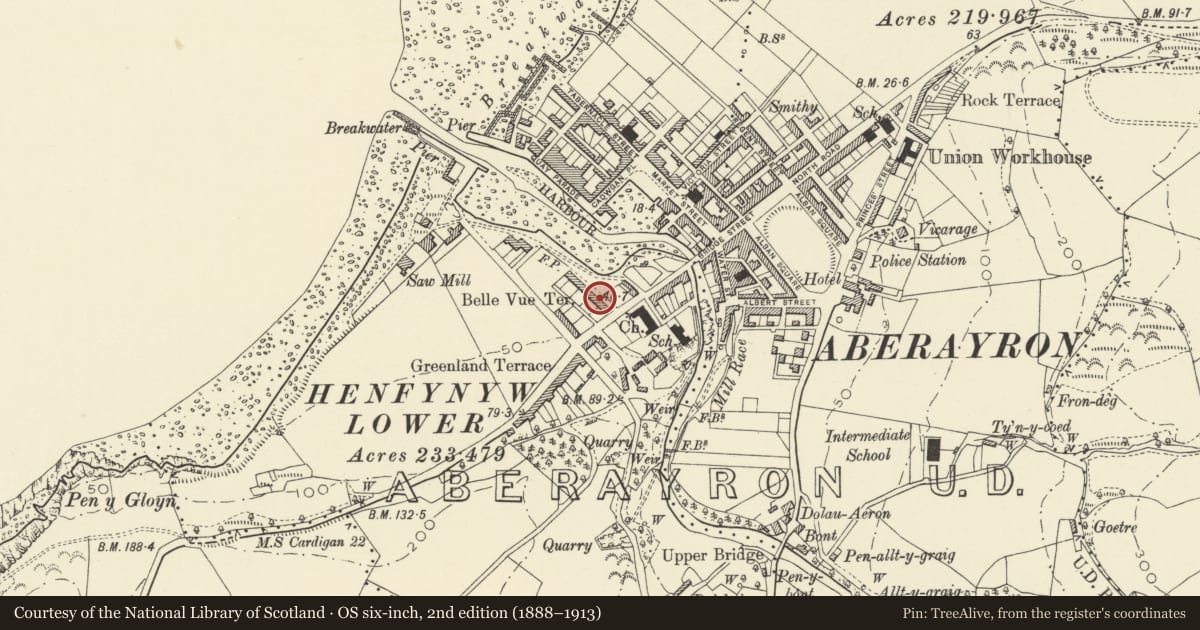 Ordnance Survey six-inch map, 2nd edition (1888–1913) covering the location of 3 Belle Vue Terrace, Aberaeron, Ceredigion, with a pin at the register's coordinates
