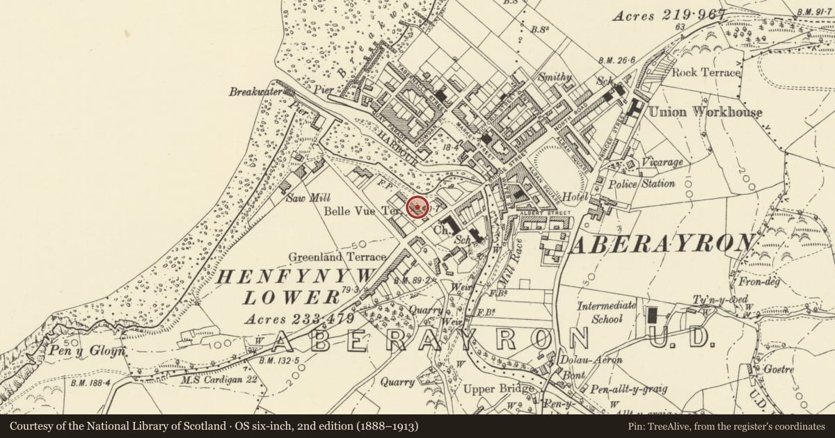 Ordnance Survey six-inch map, 2nd edition (1888–1913) covering the location of 4 Belle Vue Terrace, Aberaeron, Ceredigion, with a pin at the register's coordinates