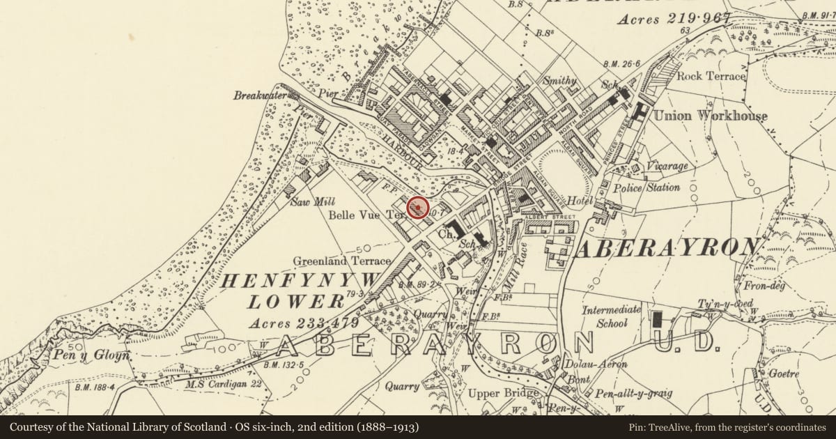 Ordnance Survey six-inch map, 2nd edition (1888–1913) covering the location of 5 Belle Vue Terrace, Aberaeron, Ceredigion, with a pin at the register's coordinates