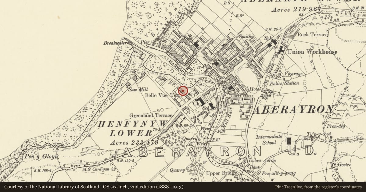 Ordnance Survey six-inch map, 2nd edition (1888–1913) covering the location of 6 Belle Vue Terrace, Aberaeron, Ceredigion, with a pin at the register's coordinates