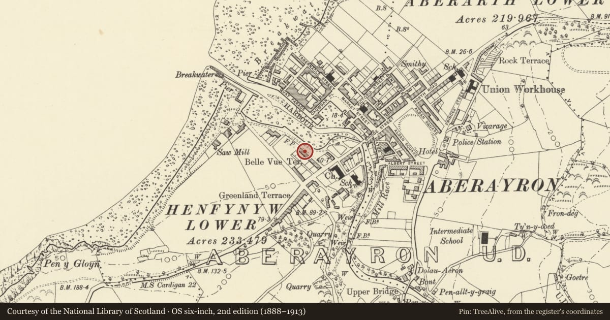 Ordnance Survey six-inch map, 2nd edition (1888–1913) covering the location of 7 Belle Vue Terrace, Aberaeron, Ceredigion, with a pin at the register's coordinates