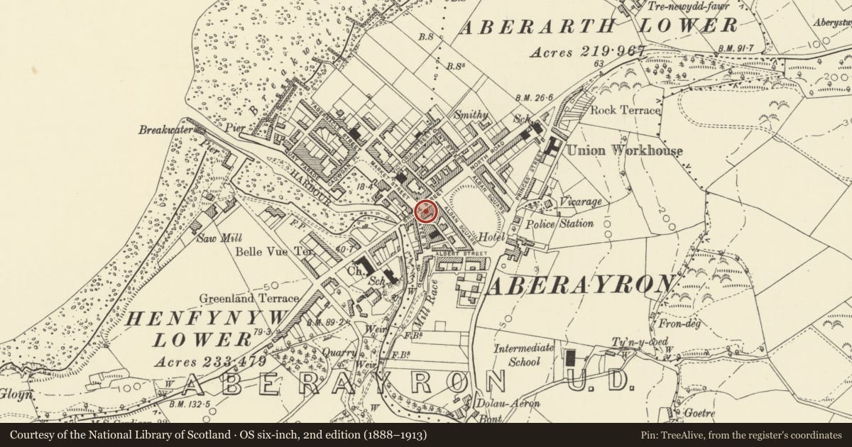 Ordnance Survey six-inch map, 2nd edition (1888–1913) covering the location of J R Evans & Co, Aberaeron, Ceredigion, with a pin at the register's coordinates