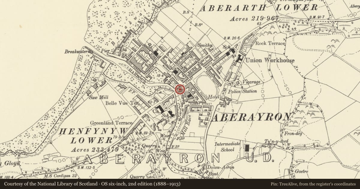 Ordnance Survey six-inch map, 2nd edition (1888–1913) covering the location of 9 Bridge Street, Aberaeron, Ceredigion, with a pin at the register's coordinates