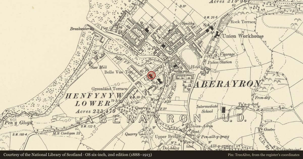 Ordnance Survey six-inch map, 2nd edition (1888–1913) covering the location of Holy Trinity Parish Church, Aberaeron, Ceredigion, with a pin at the register's coordinates