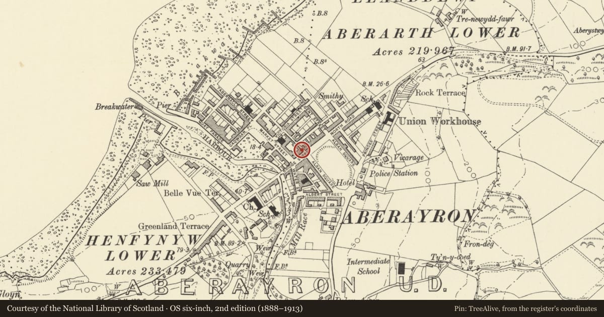 Ordnance Survey six-inch map, 2nd edition (1888–1913) covering the location of Cegin Alban Café, Aberaeron, Ceredigion, with a pin at the register's coordinates