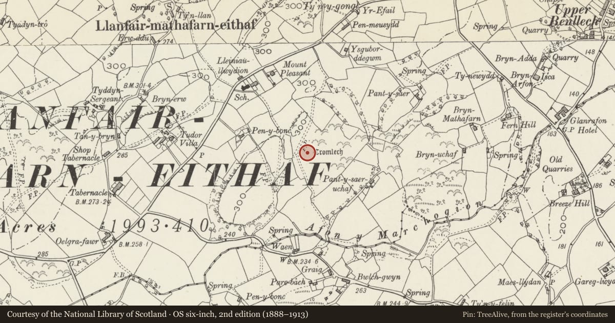 Ordnance Survey six-inch map, 2nd edition (1888–1913) covering the location of Pant-y-Saer Burial Chamber, Llanfair-Mathafarn-Eithaf, Isle of Anglesey, with a pin at the register's coordinates