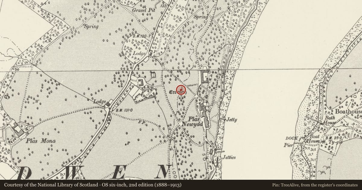 Ordnance Survey six-inch map, 2nd edition (1888–1913) covering the location of Plas Newydd Burial Chambers, Llanddaniel Fab, Isle of Anglesey, with a pin at the register's coordinates