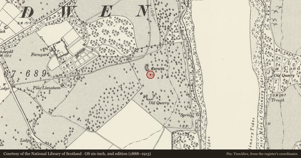 Ordnance Survey six-inch map, 2nd edition (1888–1913) covering the location of Bryn-yr-Hen-Bobl Burial Chamber, Llanddaniel Fab, Isle of Anglesey, with a pin at the register's coordinates