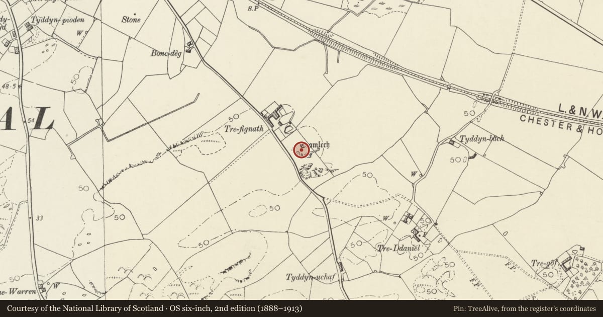 Ordnance Survey six-inch map, 2nd edition (1888–1913) covering the location of Trefignath Chambered Tomb, Trearddur, Isle of Anglesey, with a pin at the register's coordinates