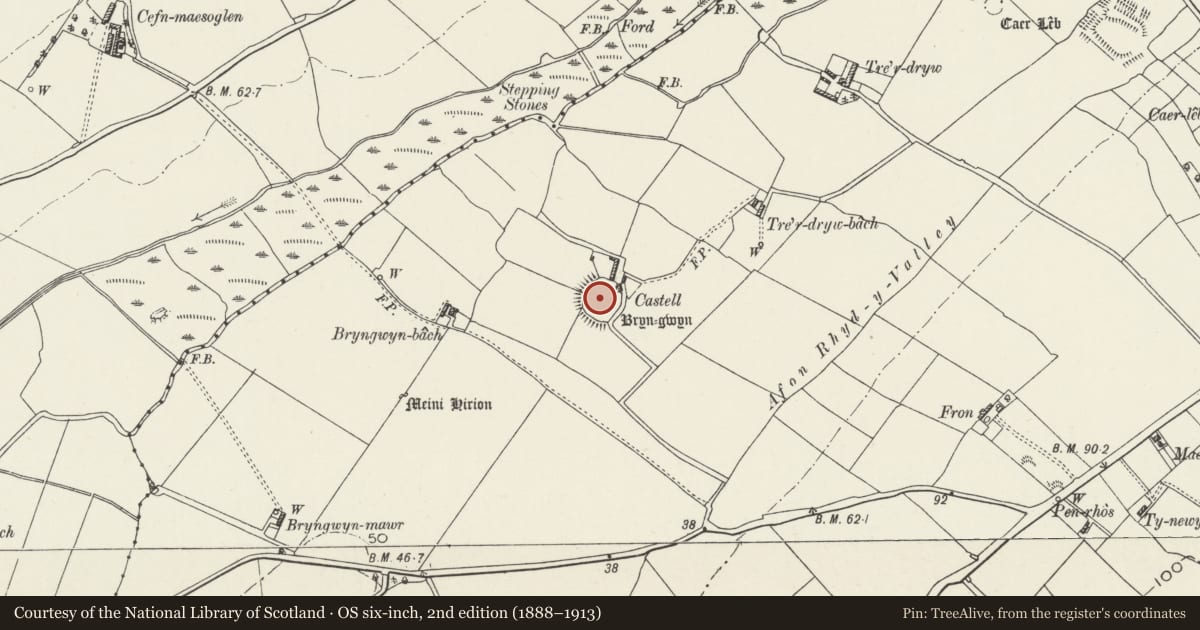 Ordnance Survey six-inch map, 2nd edition (1888–1913) covering the location of Castell Bryngwyn Prehistoric Enclosure, Llanidan, Isle of Anglesey, with a pin at the register's coordinates