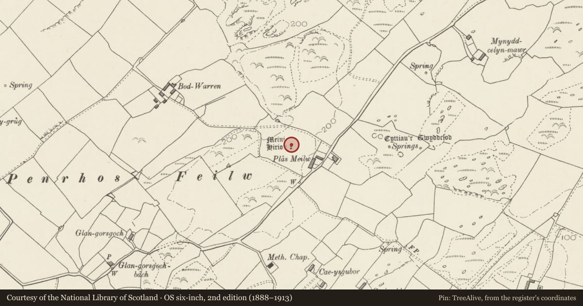 Ordnance Survey six-inch map, 2nd edition (1888–1913) covering the location of Penrhosfeilw Standing Stones, Trearddur, Isle of Anglesey, with a pin at the register's coordinates