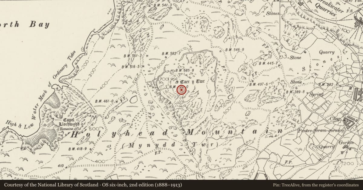 Ordnance Survey six-inch map, 2nd edition (1888–1913) covering the location of Caer y Tŵr, Trearddur, Isle of Anglesey, with a pin at the register's coordinates