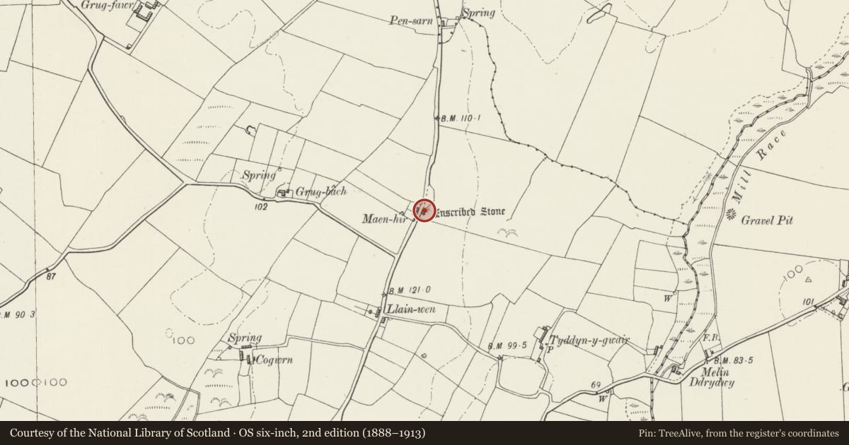 Ordnance Survey six-inch map, 2nd edition (1888–1913) covering the location of Bodfeddan Inscribed Stone, Llanfaelog, Isle of Anglesey, with a pin at the register's coordinates