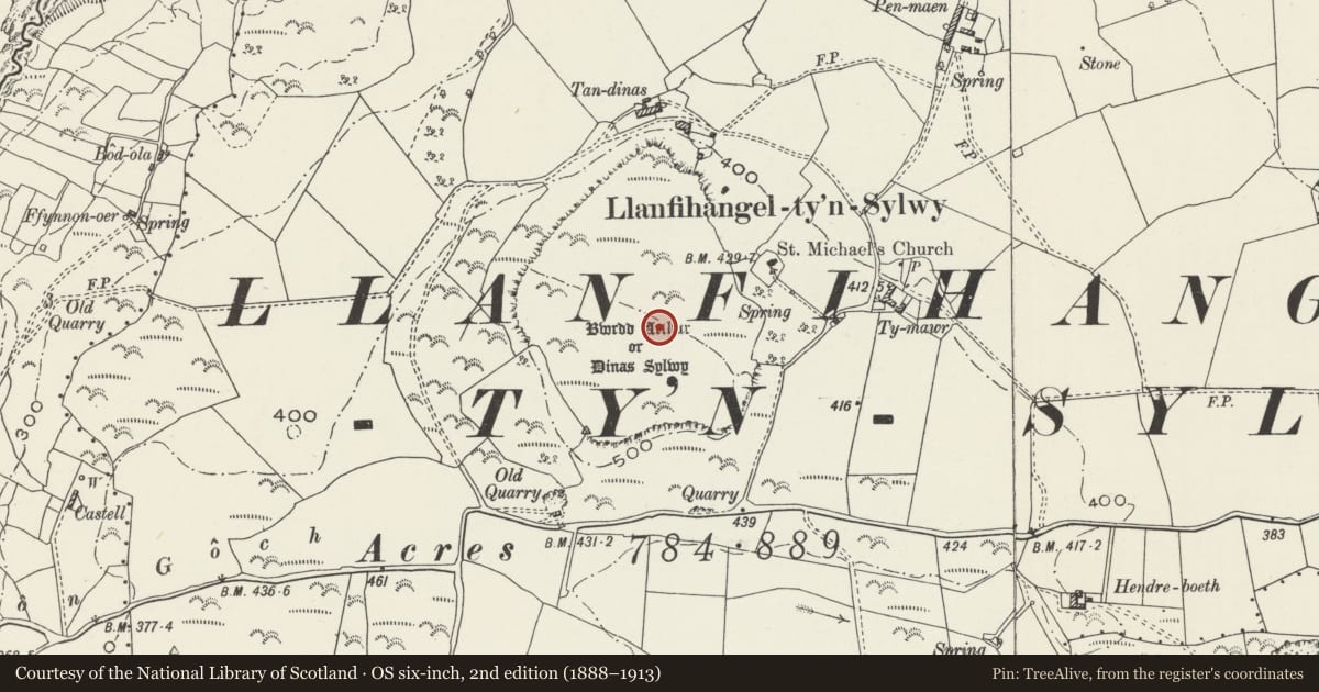 Ordnance Survey six-inch map, 2nd edition (1888–1913) covering the location of Din Sylwy, Llanddona, Isle of Anglesey, with a pin at the register's coordinates