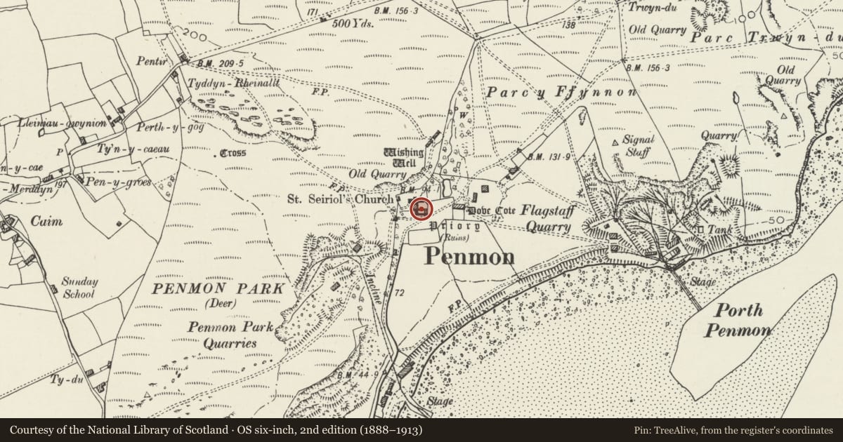 Ordnance Survey six-inch map, 2nd edition (1888–1913) covering the location of Penmon Priory, Llangoed, Isle of Anglesey, with a pin at the register's coordinates
