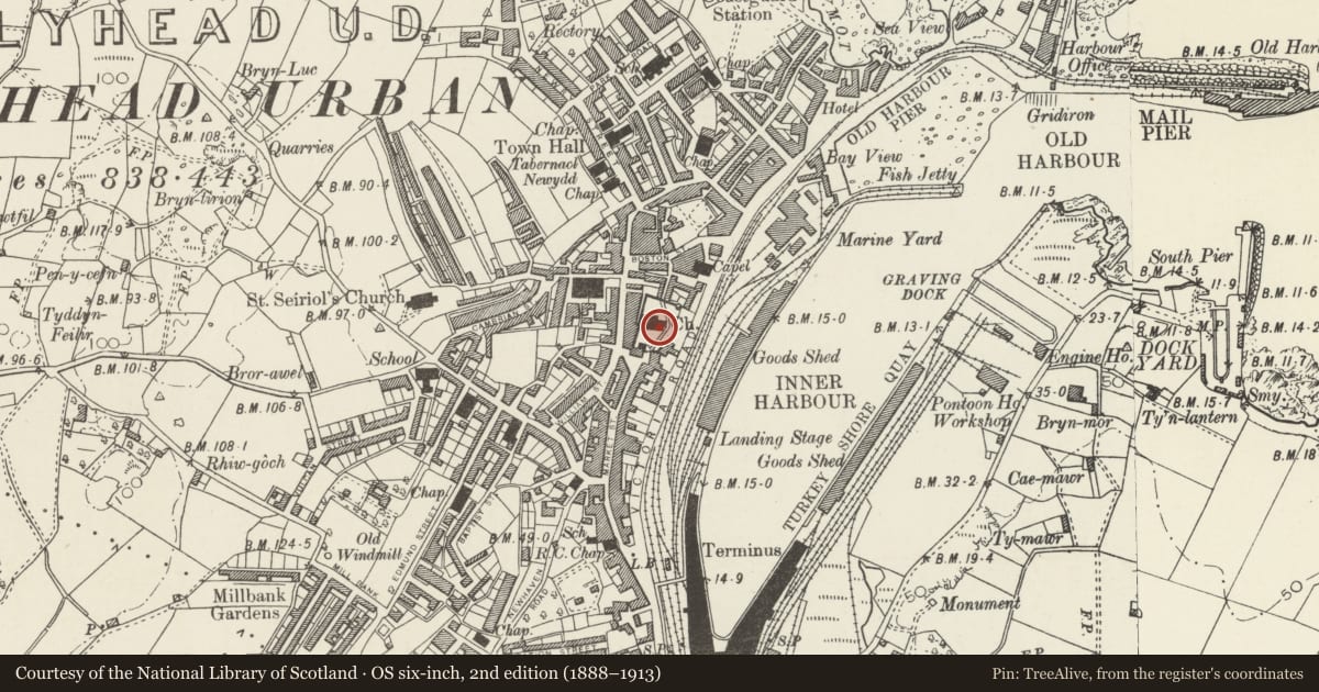 Ordnance Survey six-inch map, 2nd edition (1888–1913) covering the location of Roman Wall Surrounding St Cybi's Churchyard, Holyhead, Isle of Anglesey, with a pin at the register's coordinates