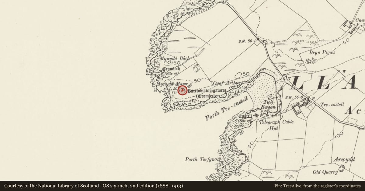 Ordnance Survey six-inch map, 2nd edition (1888–1913) covering the location of Barclodiad y Gawres Chambered Tomb, Aberffraw, Isle of Anglesey, with a pin at the register's coordinates
