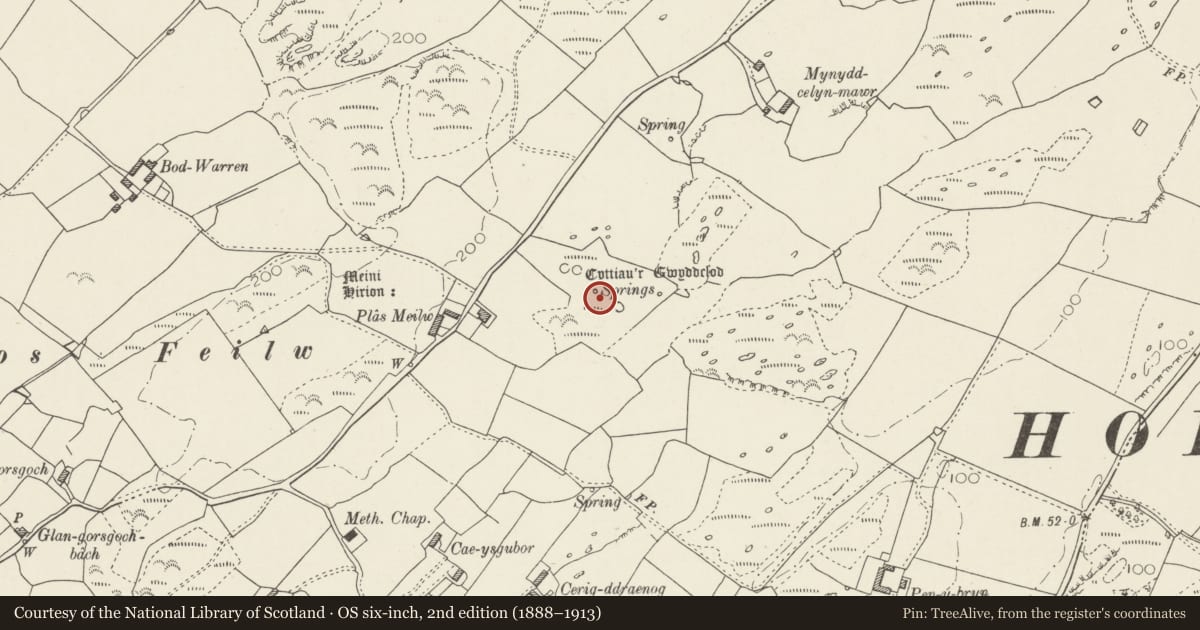 Ordnance Survey six-inch map, 2nd edition (1888–1913) covering the location of Plas Meilw Hut Circles, Trearddur, Isle of Anglesey, with a pin at the register's coordinates