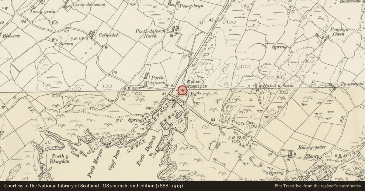 Ordnance Survey six-inch map, 2nd edition (1888–1913) covering the location of Porth Dafarch Hut Circles, Trearddur, Isle of Anglesey, with a pin at the register's coordinates