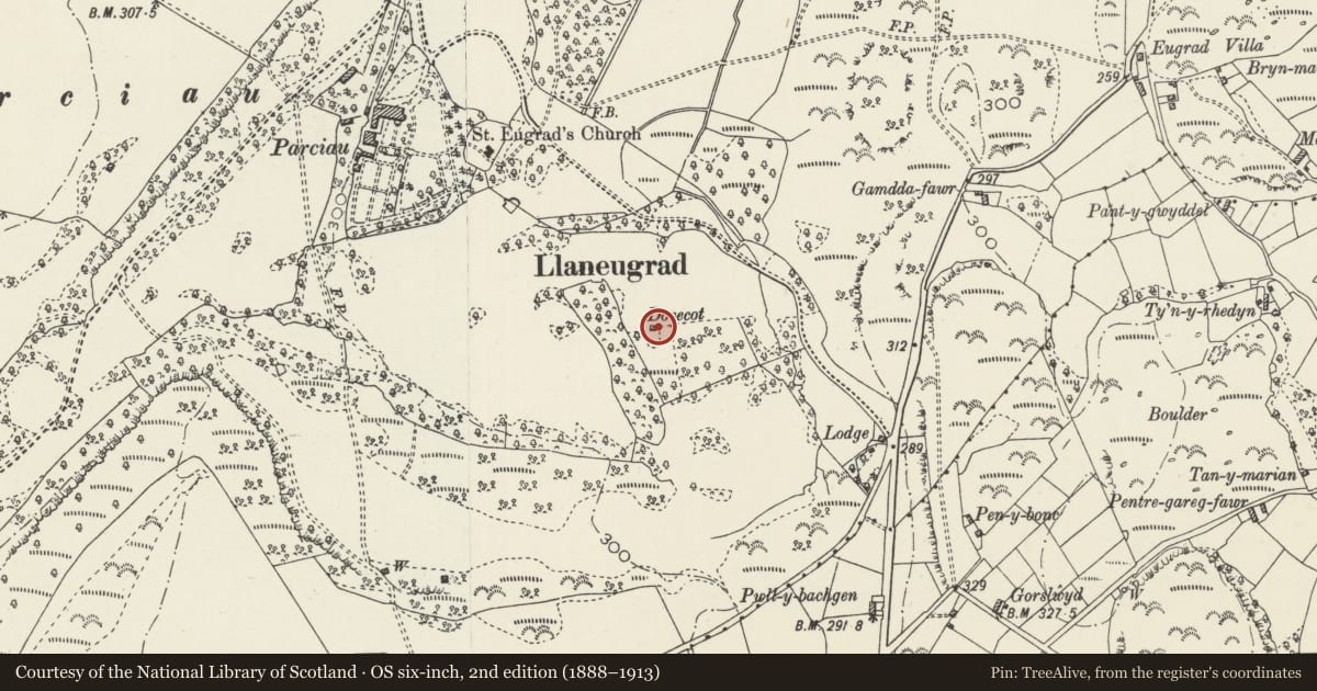 Ordnance Survey six-inch map, 2nd edition (1888–1913) covering the location of Parciau Dovecote, Llaneugrad, Isle of Anglesey, with a pin at the register's coordinates