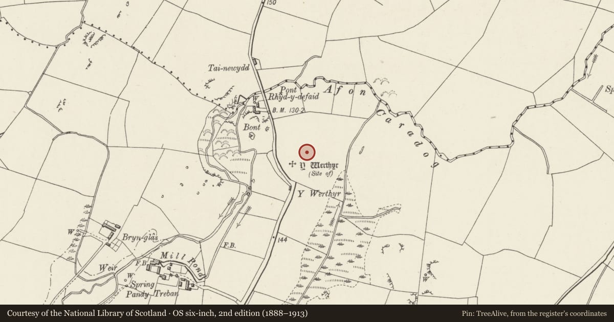 Ordnance Survey six-inch map, 2nd edition (1888–1913) covering the location of Y Werthyr Hillfort, Bryngwran, Isle of Anglesey, with a pin at the register's coordinates