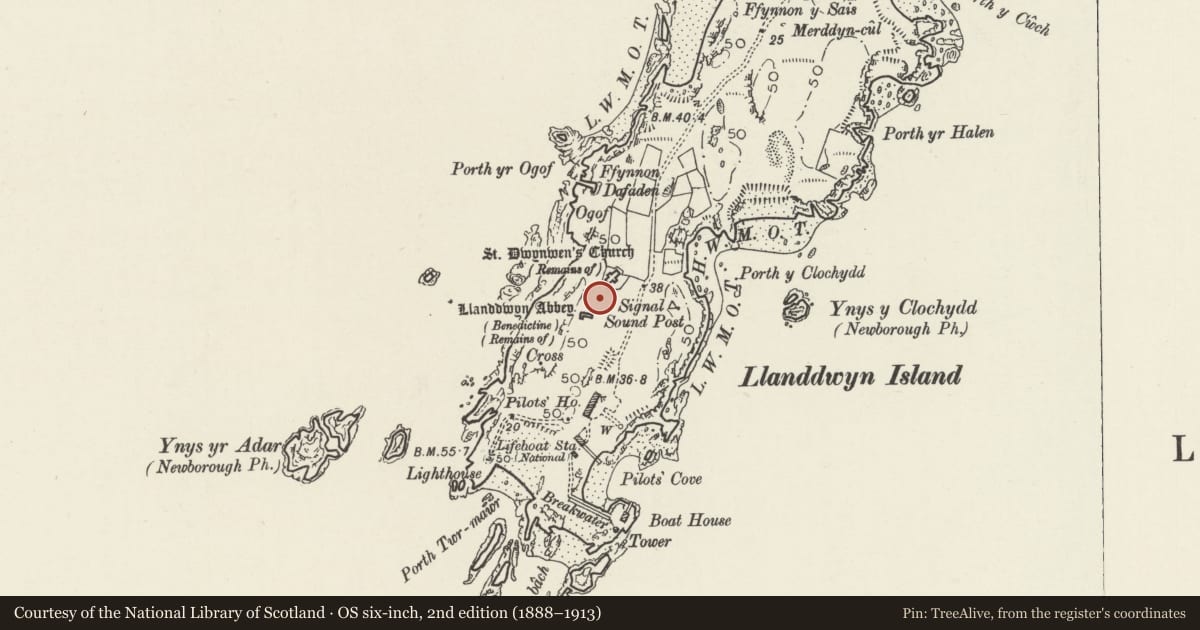 Ordnance Survey six-inch map, 2nd edition (1888–1913) covering the location of St Dwynwen's Church, Rhosyr, Isle of Anglesey, with a pin at the register's coordinates