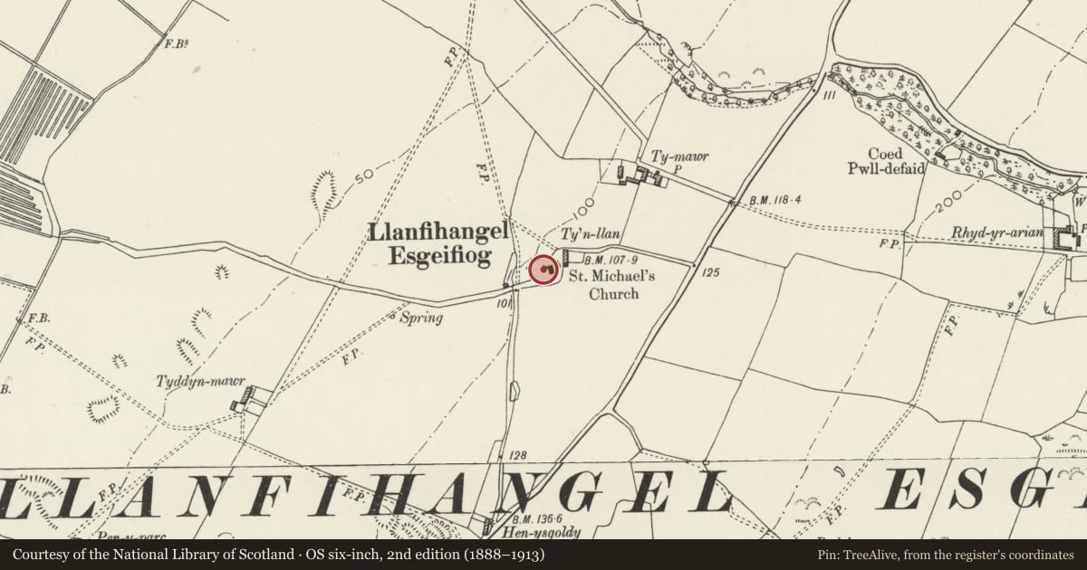 Ordnance Survey six-inch map, 2nd edition (1888–1913) covering the location of Old Parish Church & Churchyard, Llanfihangel Ysgeifiog, Isle of Anglesey, with a pin at the register's coordinates