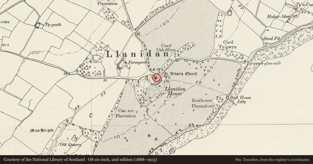 Ordnance Survey six-inch map, 2nd edition (1888–1913) covering the location of Old Parish Church, Llanidan, Isle of Anglesey, with a pin at the register's coordinates