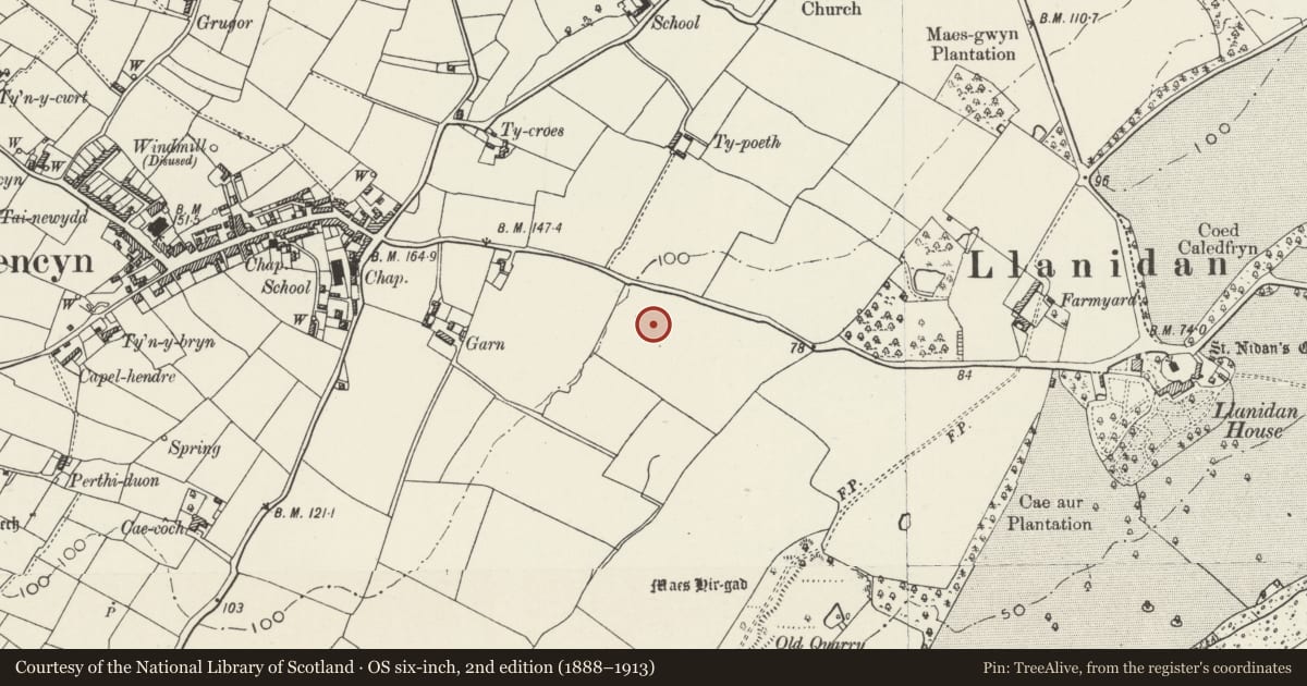 Ordnance Survey six-inch map, 2nd edition (1888–1913) covering the location of Round Barrow East of Brynsiencyn, Llanidan, Isle of Anglesey, with a pin at the register's coordinates
