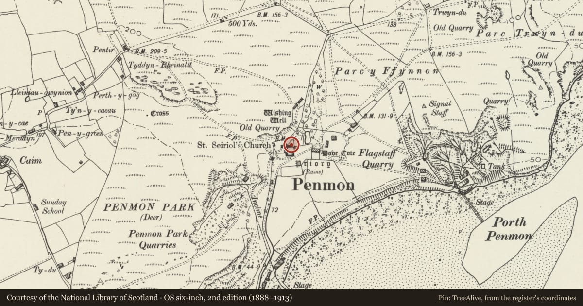 Ordnance Survey six-inch map, 2nd edition (1888–1913) covering the location of Penmon Cross, Llangoed, Isle of Anglesey, with a pin at the register's coordinates