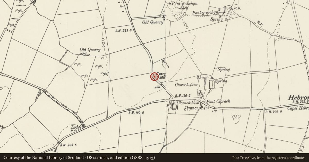 Ordnance Survey six-inch map, 2nd edition (1888–1913) covering the location of Carreg Leidr, Rhosybol, Isle of Anglesey, with a pin at the register's coordinates