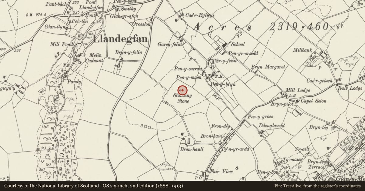 Ordnance Survey six-inch map, 2nd edition (1888–1913) covering the location of Pen-y-Maen Standing Stone, Cwm Cadnant, Isle of Anglesey, with a pin at the register's coordinates