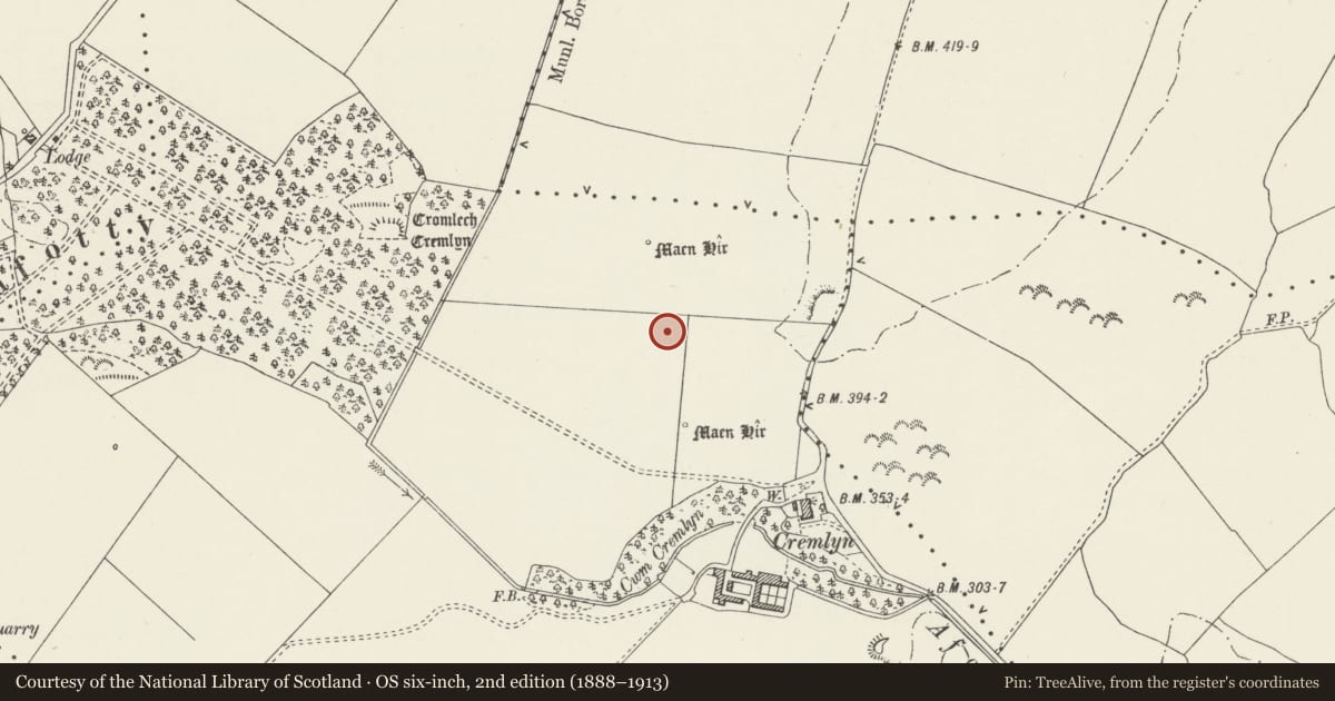 Ordnance Survey six-inch map, 2nd edition (1888–1913) covering the location of Cremlyn Standing Stones, Cwm Cadnant, Isle of Anglesey, with a pin at the register's coordinates