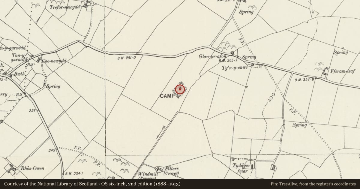 Ordnance Survey six-inch map, 2nd edition (1888–1913) covering the location of Hendrefor Earthwork, Cwm Cadnant, Isle of Anglesey, with a pin at the register's coordinates