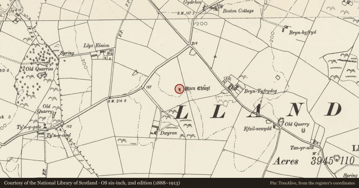 Ordnance Survey six-inch map, 2nd edition (1888–1913) covering the location of Maen Chwyf, Rhosybol, Isle of Anglesey, with a pin at the register's coordinates