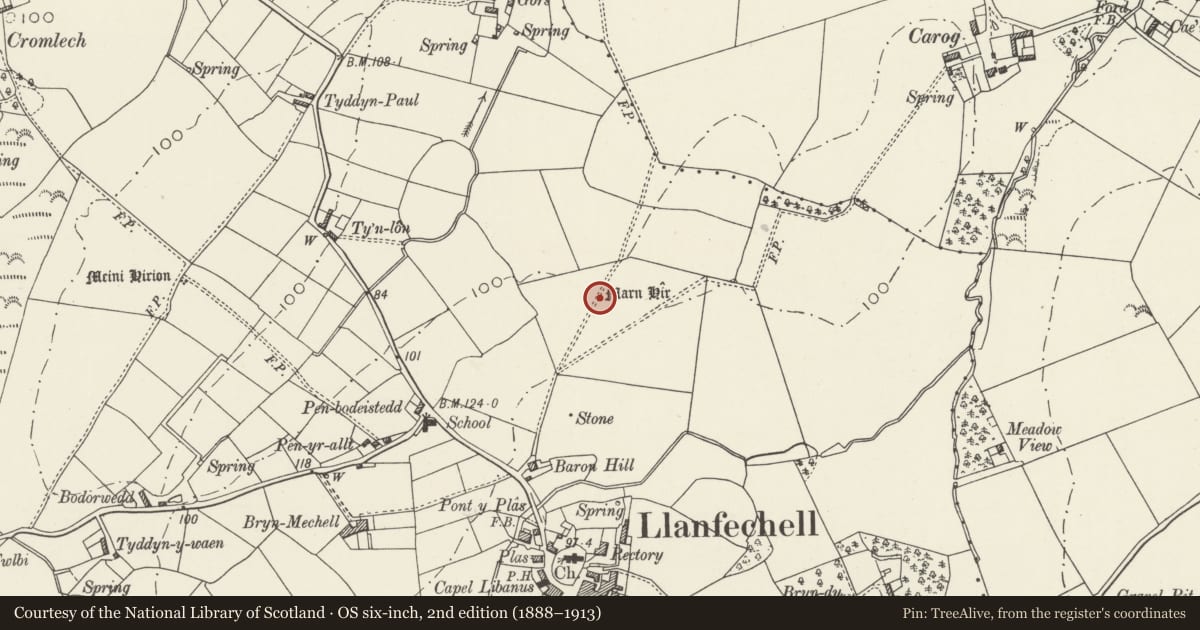 Ordnance Survey six-inch map, 2nd edition (1888–1913) covering the location of Standing Stone 410m North of Church, Mechell, Isle of Anglesey, with a pin at the register's coordinates