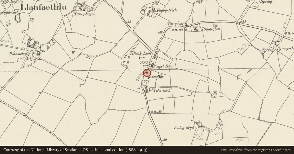 Ordnance Survey six-inch map, 2nd edition (1888–1913) covering the location of Capel Soar Standing Stone, Llanfaethlu, Isle of Anglesey, with a pin at the register's coordinates