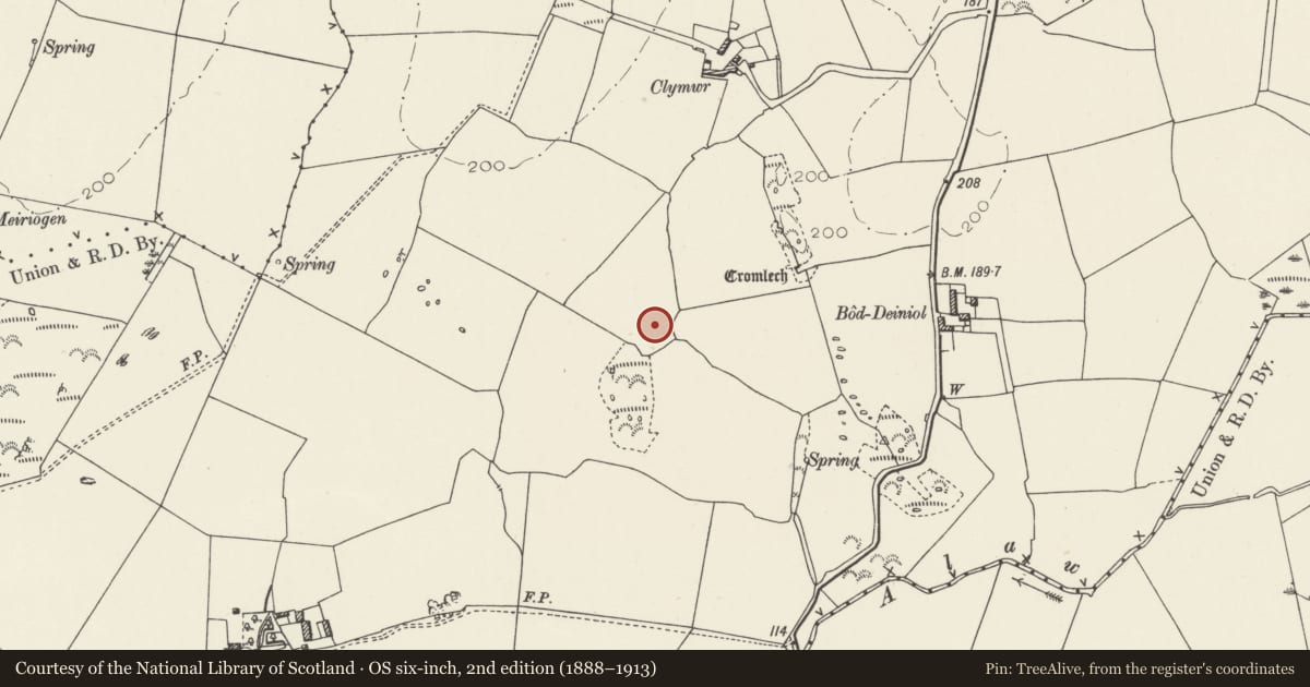 Ordnance Survey six-inch map, 2nd edition (1888–1913) covering the location of Glan-Alaw Standing Stone, Tref Alaw, Isle of Anglesey, with a pin at the register's coordinates