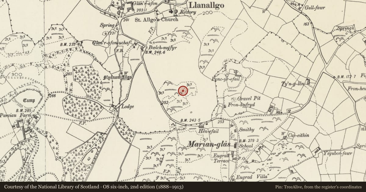 Ordnance Survey six-inch map, 2nd edition (1888–1913) covering the location of Marian Glas Hut Group, Moelfre, Isle of Anglesey, with a pin at the register's coordinates