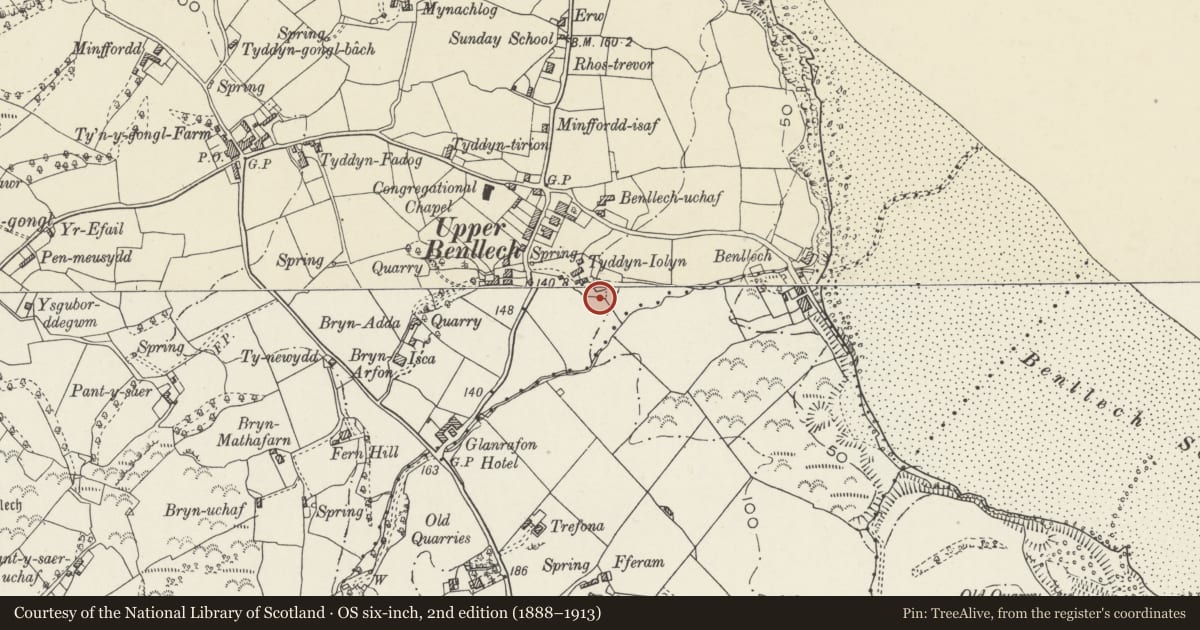 Ordnance Survey six-inch map, 2nd edition (1888–1913) covering the location of Benllech Megalith: Goosehouse, Llanfair-Mathafarn-Eithaf, Isle of Anglesey, with a pin at the register's coordinates