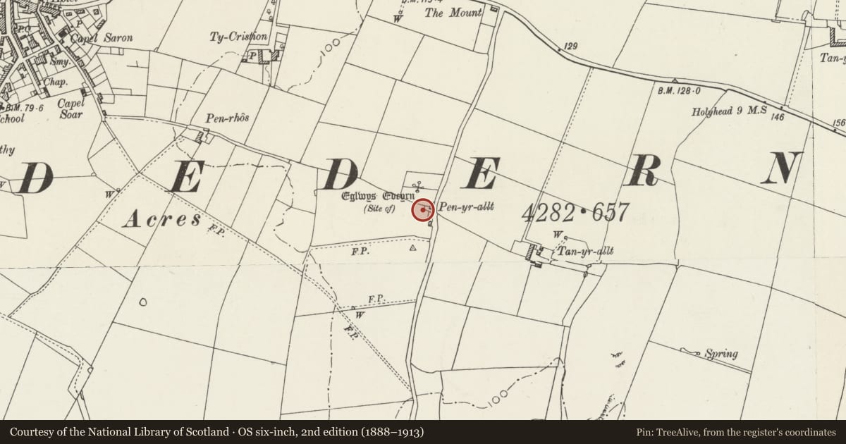 Ordnance Survey six-inch map, 2nd edition (1888–1913) covering the location of Bodedern Early Christian Cemetery, Isle of Anglesey, with a pin at the register's coordinates