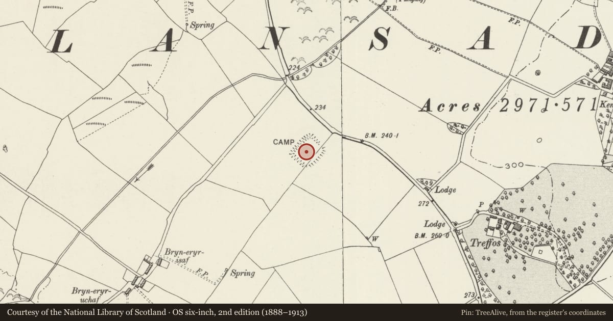 Ordnance Survey six-inch map, 2nd edition (1888–1913) covering the location of Bryn Eryr Rectangular Earthwork, Cwm Cadnant, Isle of Anglesey, with a pin at the register's coordinates