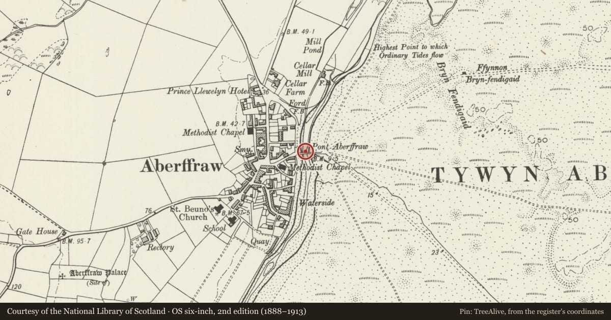 Ordnance Survey six-inch map, 2nd edition (1888–1913) covering the location of Pont Aberffraw, Isle of Anglesey, with a pin at the register's coordinates