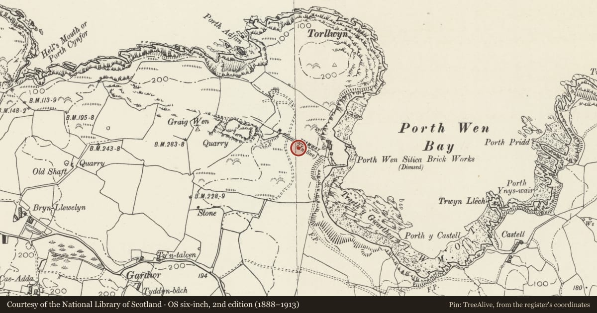 Ordnance Survey six-inch map, 2nd edition (1888–1913) covering the location of Porth Wen Brickworks, Llanbadrig, Isle of Anglesey, with a pin at the register's coordinates
