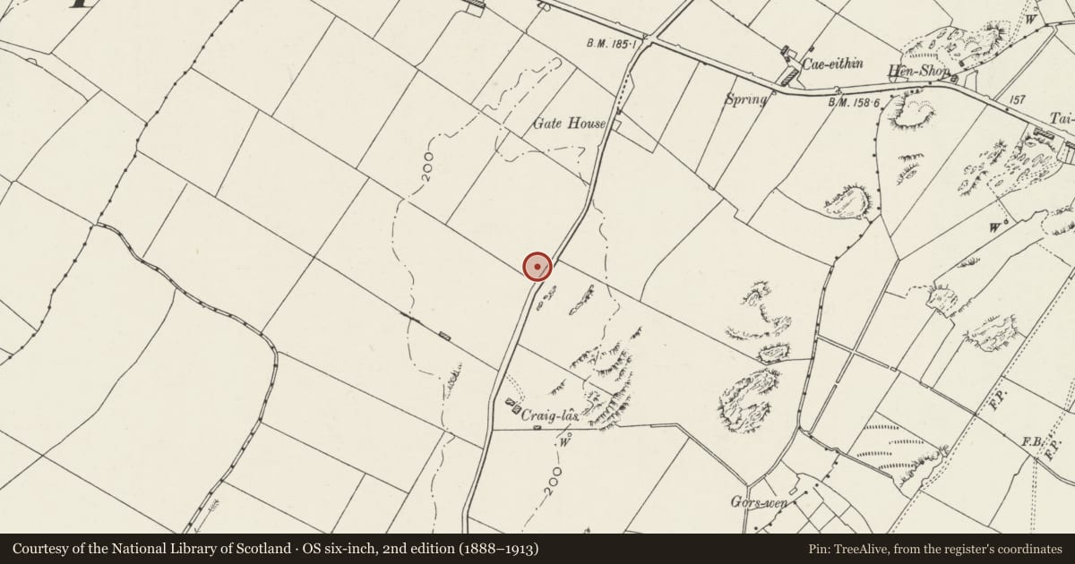 Ordnance Survey six-inch map, 2nd edition (1888–1913) covering the location of Graiglas Barrow, Llangristiolus, Isle of Anglesey, with a pin at the register's coordinates
