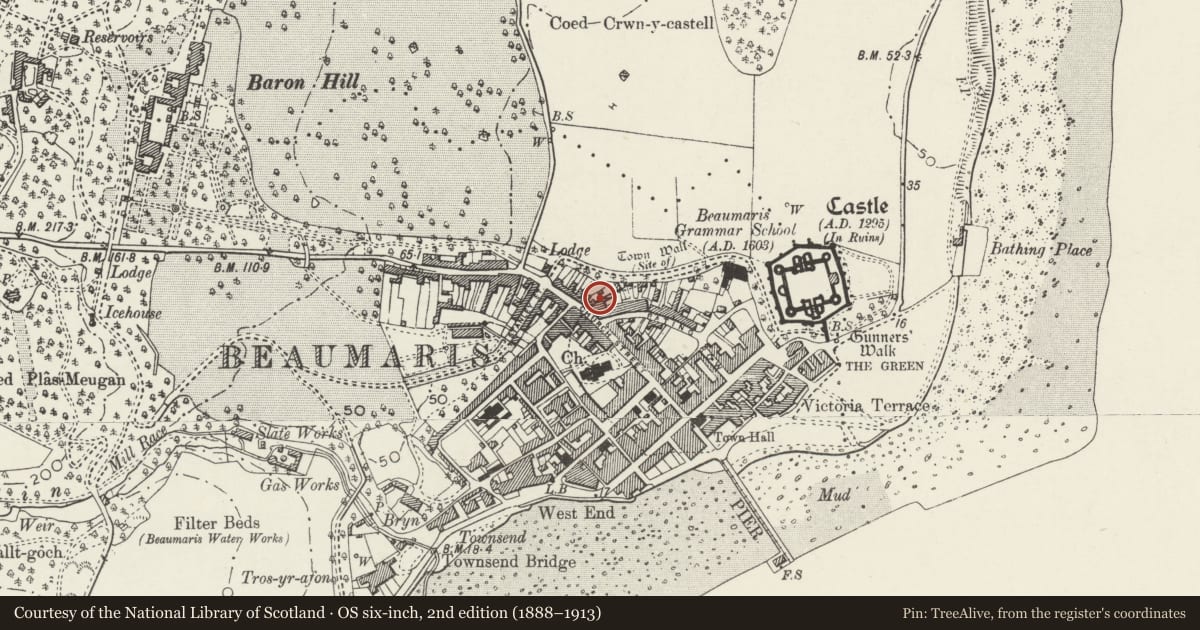 Ordnance Survey six-inch map, 2nd edition (1888–1913) covering the location of Beaumaris Town Wall, Isle of Anglesey, with a pin at the register's coordinates